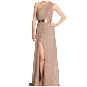 David Meister Gold Metallic Asymmetrical Ruched Long Dress 2